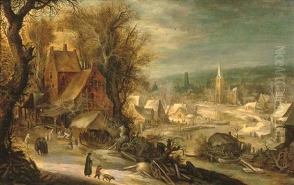 A Winter River Landscape With Figures On The Outskirts Of A Village, A Town Beyond Oil Painting by Frans de Momper