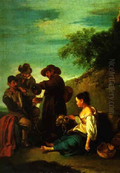 A Wine Seller With A Shepherdess Resting Oil Painting by Paolo Monaldi