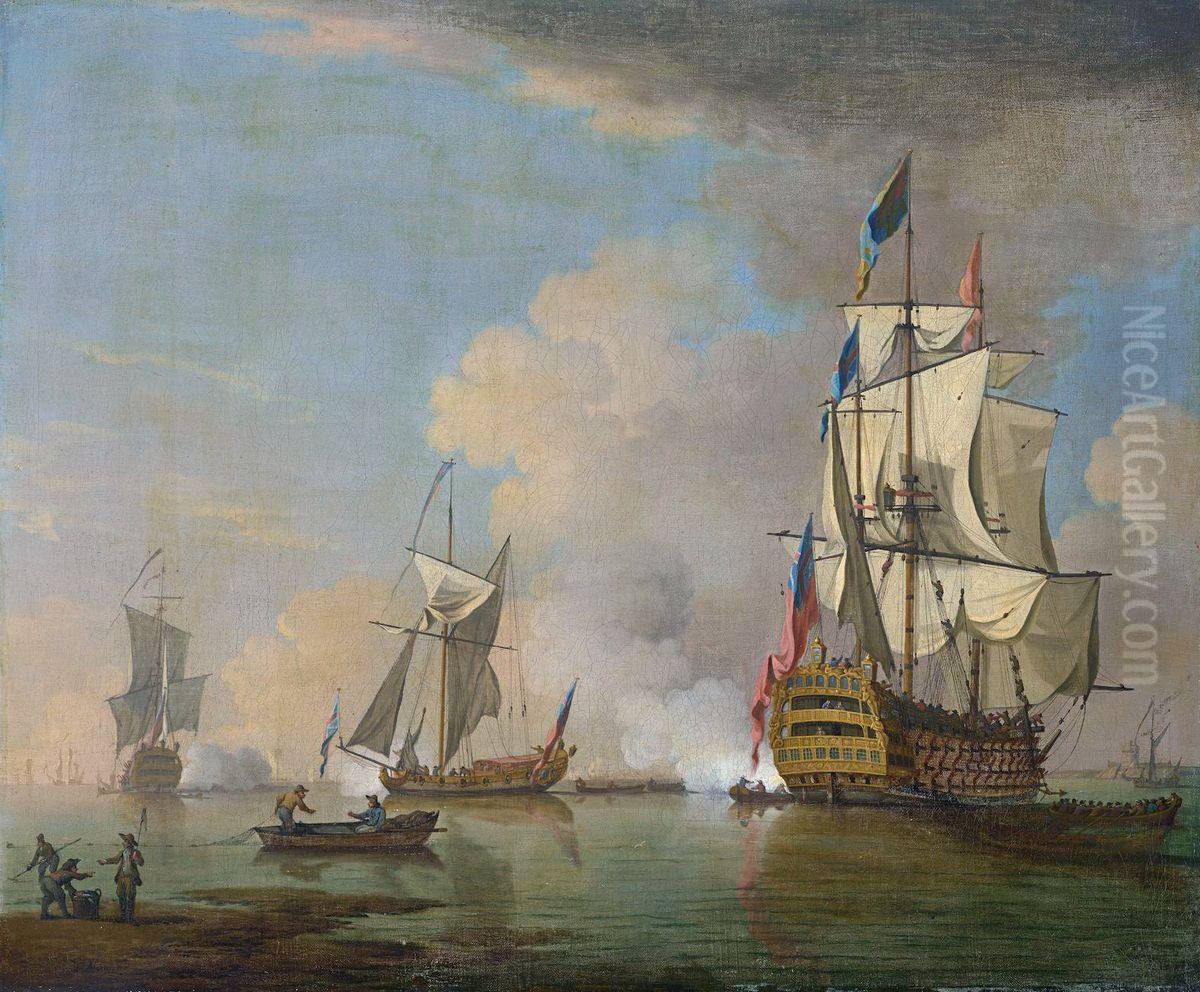 A British Man O' War Firing A Salute In Calm Seas With Other Vessels Oil Painting by Peter Monamy