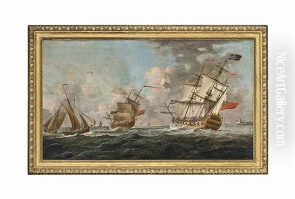 Warships Of The Royal Navy Heeling In The Breeze Off, What Has Traditionally Been Identified As, Castle Cornet, St. Peter Port, Guernsey Oil Painting by Peter Monamy
