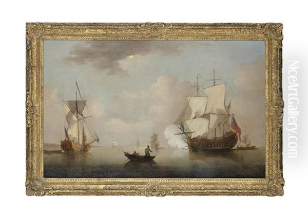 The Flagship Firing A Salute As She Leaves The Anchorage, With A Royal Yacht Making Ready To Depart Oil Painting by Peter Monamy