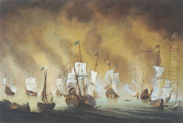 A Seventeenth Century Skirmish Between Dutch And Danish Warships Oil Painting by Peter Monamy