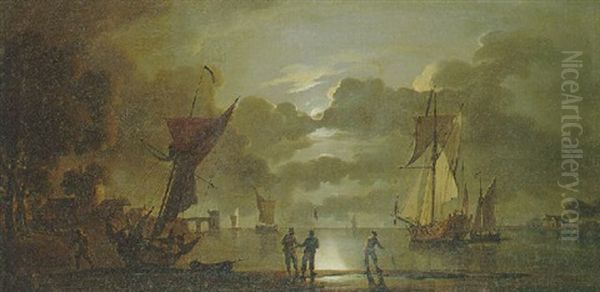 Moonlight Estuary With Numerous Figures And Vessels Before A Town Oil Painting by Peter Monamy