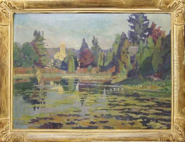 Paysage. (eglise Se Refletant Dans Un Etang) Oil Painting by Mathilde du Monceau de Bergendae