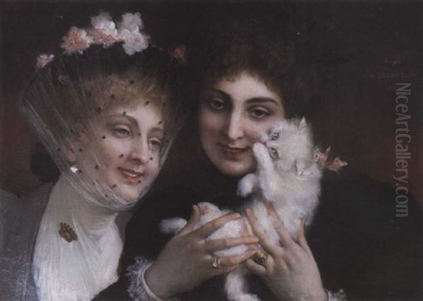 Jeunes Femmes Au Chaton Oil Painting by Xavier Alphonse Monchablon