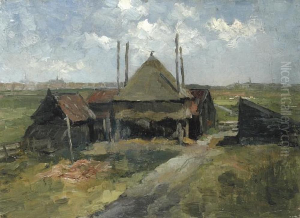 Haystack And Farm Sheds In A Field Oil Painting by Piet Mondrian