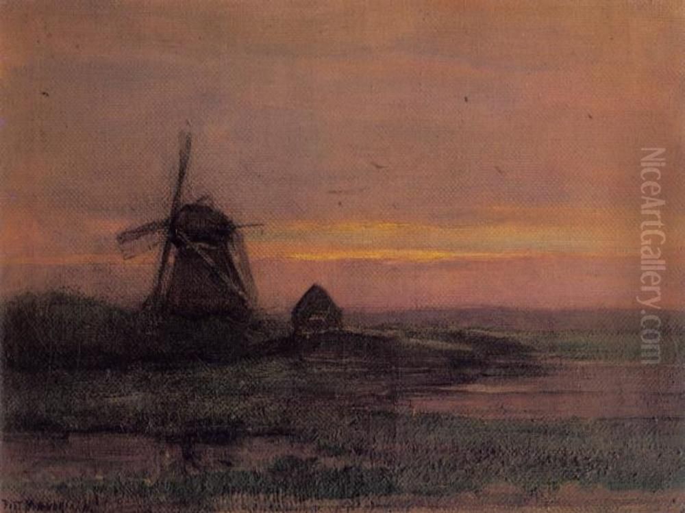 Oostzijdse Mill With Streaked Reddish Sky Oil Painting by Piet Mondrian
