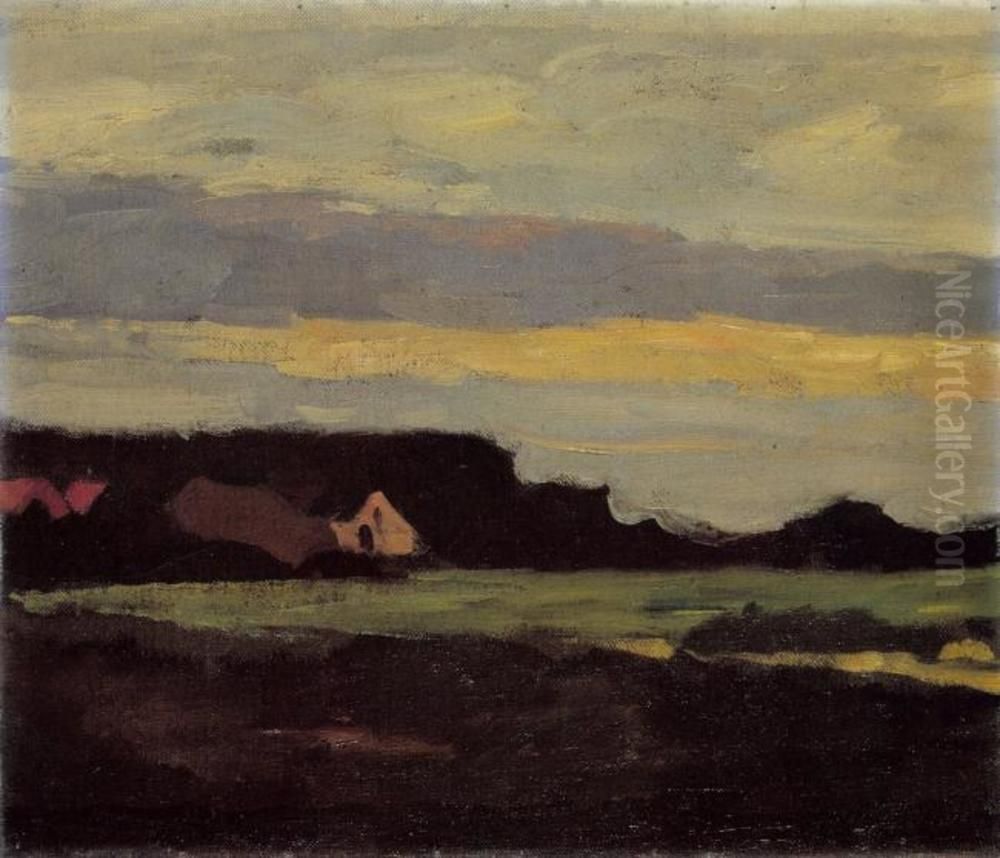 Farm Buildings In White And Red Near A Green Field Oil Painting by Piet Mondrian