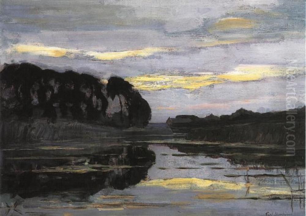 Farmstead On The Gein Screened By Tall Trees With Streaked Sky Oil Painting by Piet Mondrian
