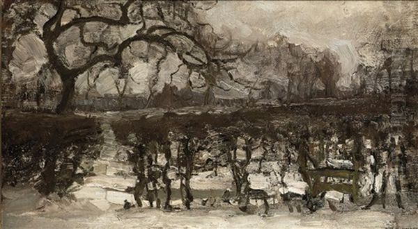 Landscape With Apple Tree At Left: Winter Landscape Oil Painting by Piet Mondrian