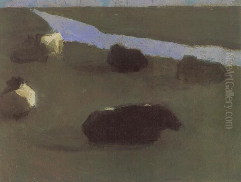 Polder Landscape With Irrigation Ditch And Five Cows Oil Painting by Piet Mondrian
