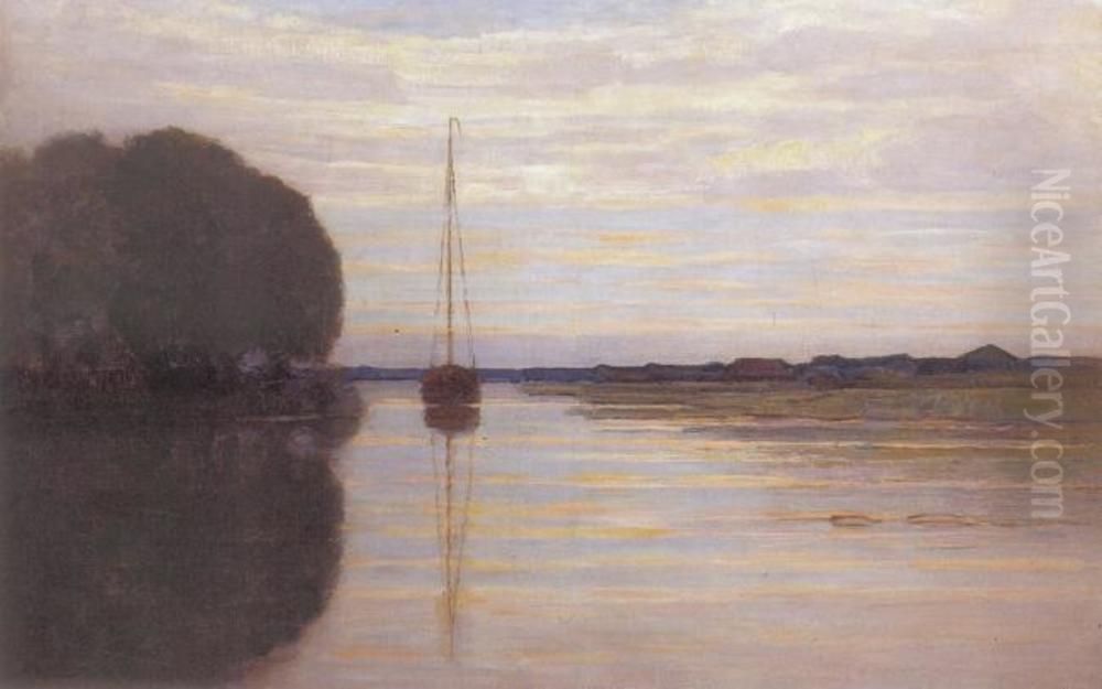 Sailboat Moored In A River Oil Painting by Piet Mondrian