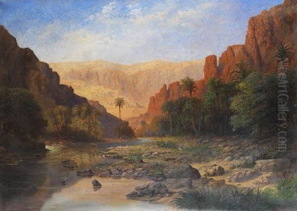 Sudlandische Felslandschaft Mit Flusslauf Und Flamingos Oil Painting by Luigi Bianconi