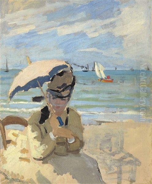Camille Assise Sur La Plage A Trouville Oil Painting by Claude Oscar Monet