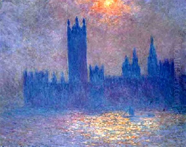 Londres, Le Parlement, Effet De Soleil Dans Le Brouillard Oil Painting by Claude Oscar Monet