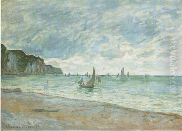 Barques De Peche Devant La Plage Et Les Falaises De Pourville Oil Painting by Claude Oscar Monet