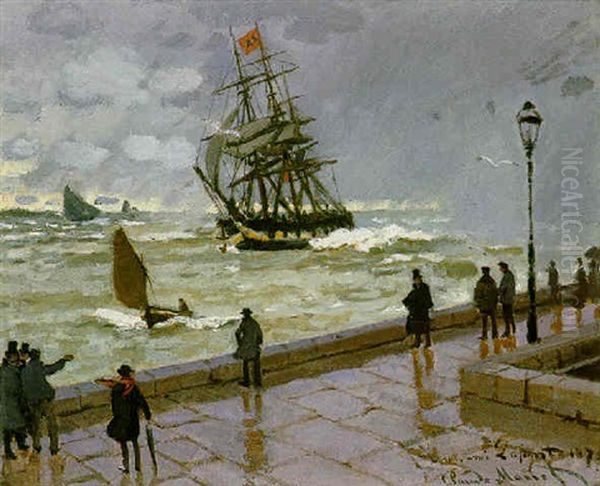 La Jetee Du Havre Par Mauvais Temps Oil Painting by Claude Oscar Monet