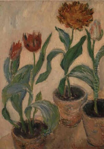 Trois Pots De Tulipes Oil Painting by Claude Oscar Monet