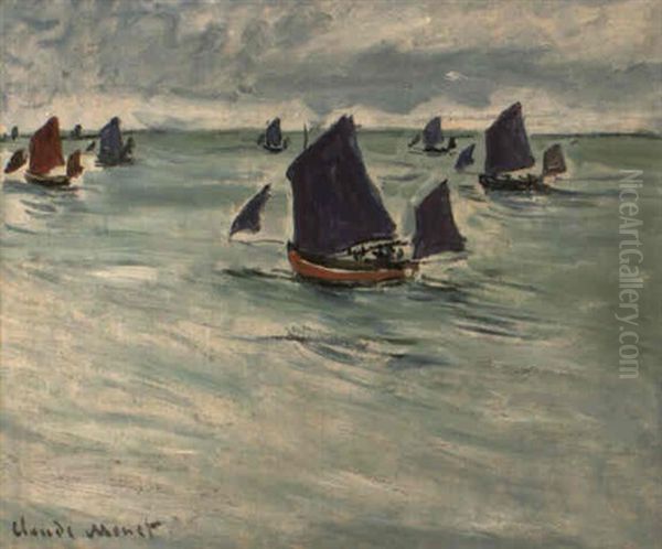 Bateaux De Peche Au Large De Pourville Oil Painting by Claude Oscar Monet