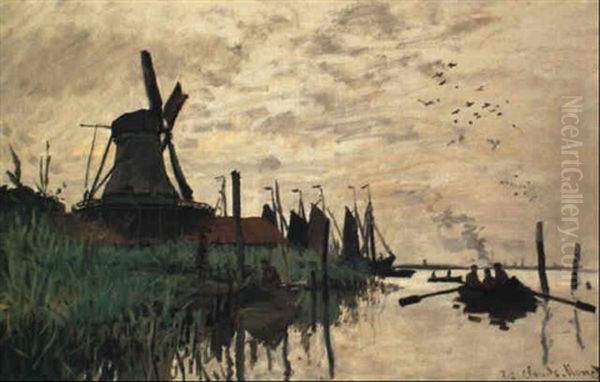 Moulin A Vent Et Bateaux A Zaandam Oil Painting by Claude Oscar Monet