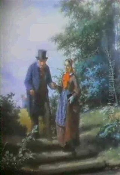 En Ung Kvinde Leder En Gammel Mand Fra Kirken Oil Painting by David Monies