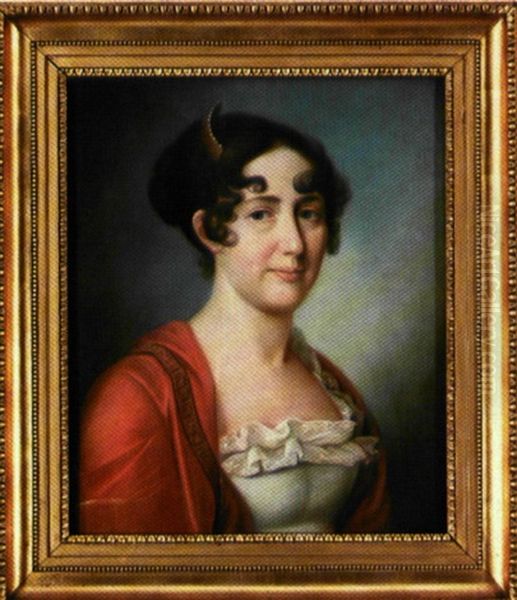 Madame Casadaban I Hvid Kjole Og Rodt Sjal Oil Painting by Gabriel-Jean-Joseph le Monnier