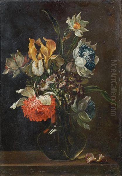 An Iris, Auriculas And Other Flowers In A Glass Vase On A Table-top In A Carved Frame Oil Painting by Antoine (Baptiste M.) Monnoyer