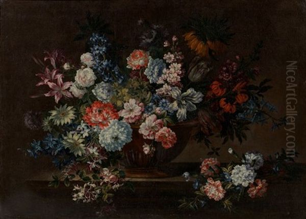 Vase De Fleurs Sur Un Entablement Oil Painting by Antoine (Baptiste M.) Monnoyer