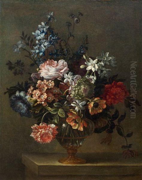 Flower Bouquet In A Glass Vase Oil Painting by Antoine (Baptiste M.) Monnoyer