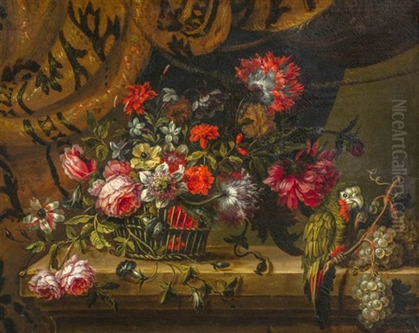 Corbeille De Fleurs Et Perroquet Sur Un Entablement Oil Painting by Antoine (Baptiste M.) Monnoyer
