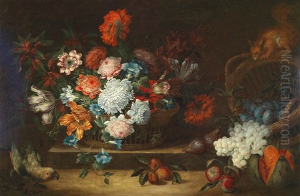 A Still Life Of Fruit With A Parrot And A Squirrel Oil Painting by Antoine (Baptiste M.) Monnoyer