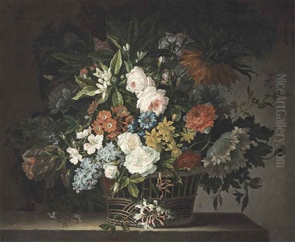 Roses, Parrot Tulips, Carnations, Lilies And Other Flowers In A Wicker Basket On A Stone Ledge Oil Painting by Antoine (Baptiste M.) Monnoyer