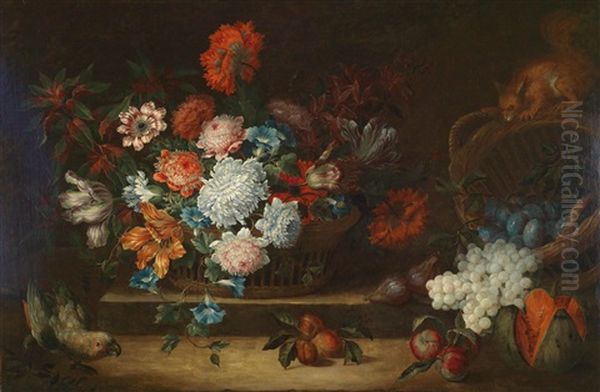 Ein Blumenstillleben Mit Obst, Einem Papagei Und Eichhornchen Oil Painting by Antoine (Baptiste M.) Monnoyer
