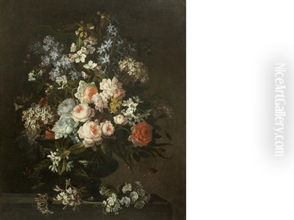 Roses, Carnations, Honeysuckle, Apple Blossom And Other Flowers In A Glass Vase On A Stone Ledge Oil Painting by Antoine (Baptiste M.) Monnoyer