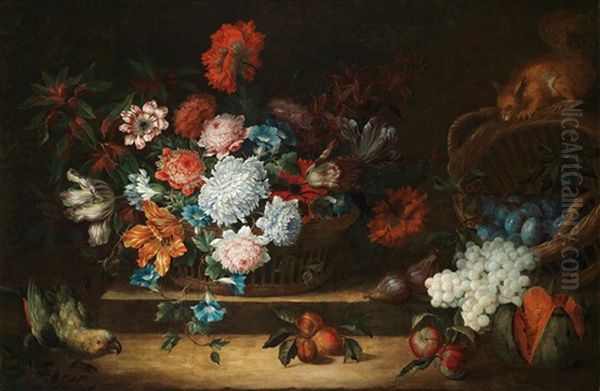 Ein Blumenstillleben Mit Obst, Papagei Und Eichhornchen Oil Painting by Antoine (Baptiste M.) Monnoyer