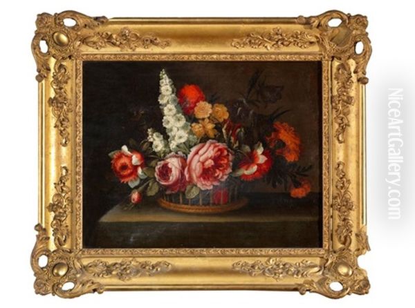 Bouquet De Fleurs Sur Un Entablement (pair) Oil Painting by Antoine (Baptiste M.) Monnoyer