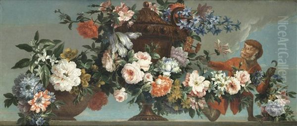 Hyacinthes, Roses, Chrysanthemums And Narcissi In A Terracotta Vase On A Stone Ledge, With A Monkey Oil Painting by Antoine (Baptiste M.) Monnoyer