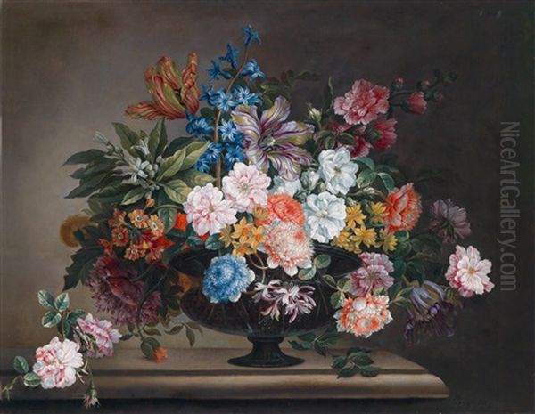 Ein Blumenstillleben In Einer Glasvase Auf Einem Steinsockel Oil Painting by Antoine (Baptiste M.) Monnoyer
