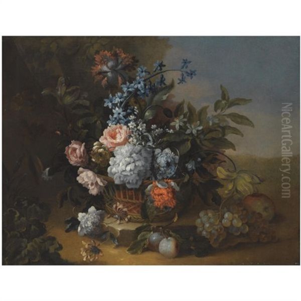 A Still Life With Carnations, Roses And Morning Glory In A Basket Over A Stone Ledge, Beside Grapes, Plums And An Apple Oil Painting by Antoine (Baptiste M.) Monnoyer