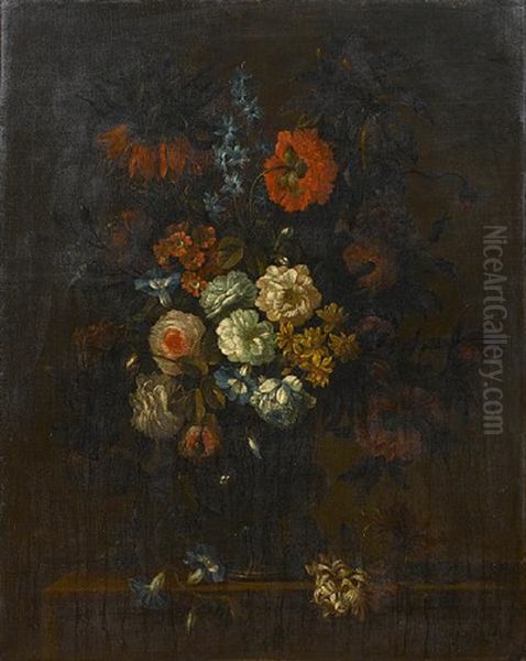 Roses, Chrysanthemums, Convolvulus, And Other Flowers In A Glass Vase Oil Painting by Antoine (Baptiste M.) Monnoyer