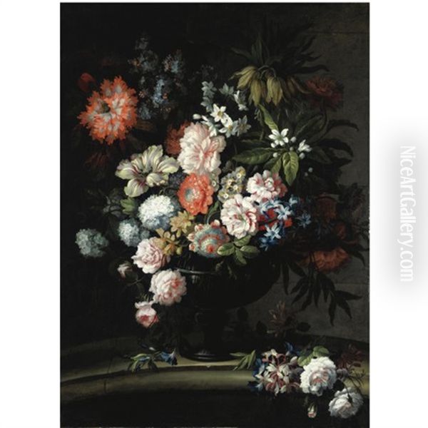 Natura Morta Con Rose Centifolia, Peonie, Anemoni, Lilla E Papavero In Un Vaso Oil Painting by Antoine (Baptiste M.) Monnoyer