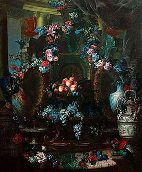 Nature Morte De Pieces D'orfevrerie, Plats De Raisins Et Peches, Guirlandes De Fleurs Oil Painting by Antoine (Baptiste M.) Monnoyer