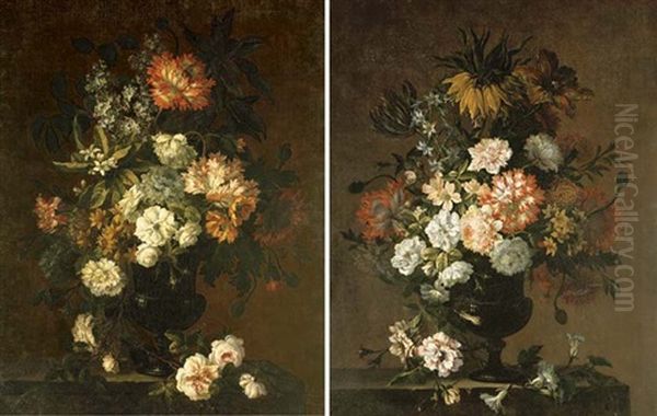 Tulips, Roses, Carnations, Anemone, Lilac And Orange Blossom In A Glass Urn With A Spray Of Roses On A Stone Ledge (+ Tulips, Anemone, Roses And Other Flowers In A Glass Urn; Pair) Oil Painting by Antoine (Baptiste M.) Monnoyer