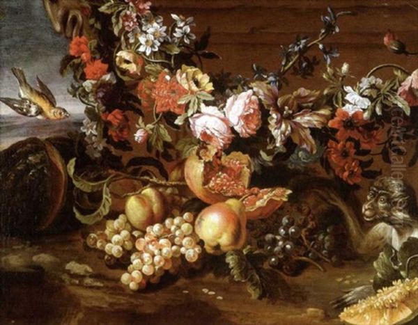 Nature Morte A La Guirlande De Fleurs, Melon Et Singe Oil Painting by Antoine (Baptiste M.) Monnoyer