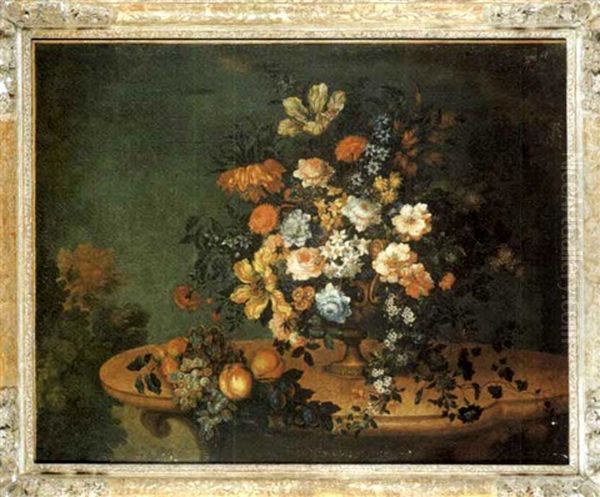 Fleurs Dans Un Vase En Metal Et Fruits Sur Une Console En Pierre Oil Painting by Antoine (Baptiste M.) Monnoyer