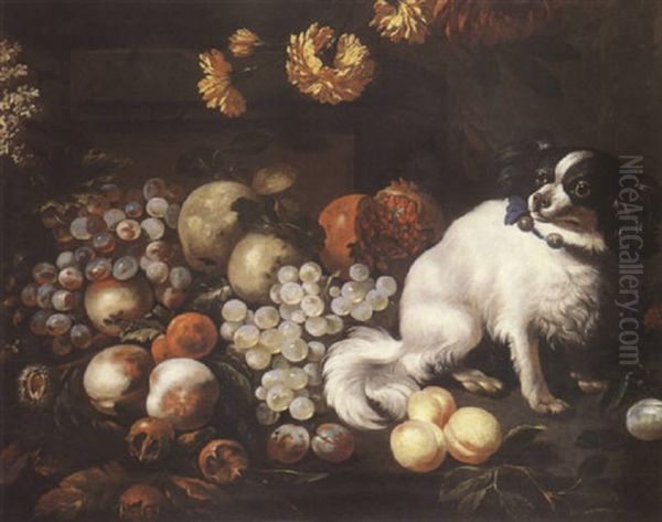 Nature Morte De Raisins, Peches Et Chien Oil Painting by Antoine (Baptiste M.) Monnoyer