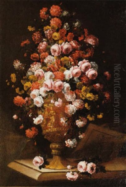 Fleurs Sur Un Entablement De Pierre Oil Painting by Antoine (Baptiste M.) Monnoyer