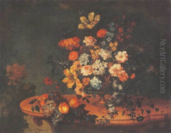 Fleurs Dans Un Vase En Metal Et Fruits Sur Une Console En Pierre Oil Painting by Antoine (Baptiste M.) Monnoyer