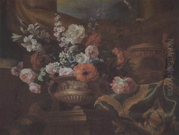 Figural Reliefierte Steinvase Mit Blumen In Einem Mit Kostbaren Stoffen Drapierten Architekturambiente Mit Saulen Oil Painting by Antoine (Baptiste M.) Monnoyer