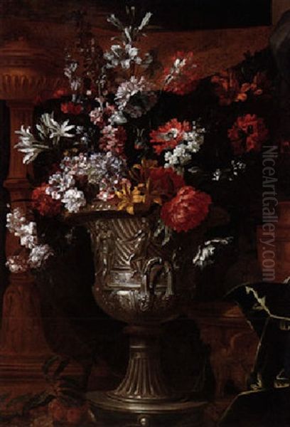 A Still Life Of Carnations, Lilies And Other Flowers In A Silver Gilt Urn, A Gilt Torchere And A Draped Embroidered Curtain Behind Oil Painting by Antoine (Baptiste M.) Monnoyer